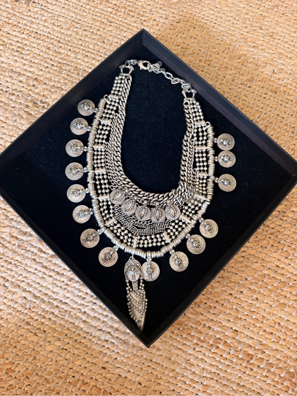 Antique Silver Coin Bib Necklace - Layered Statement Necklace